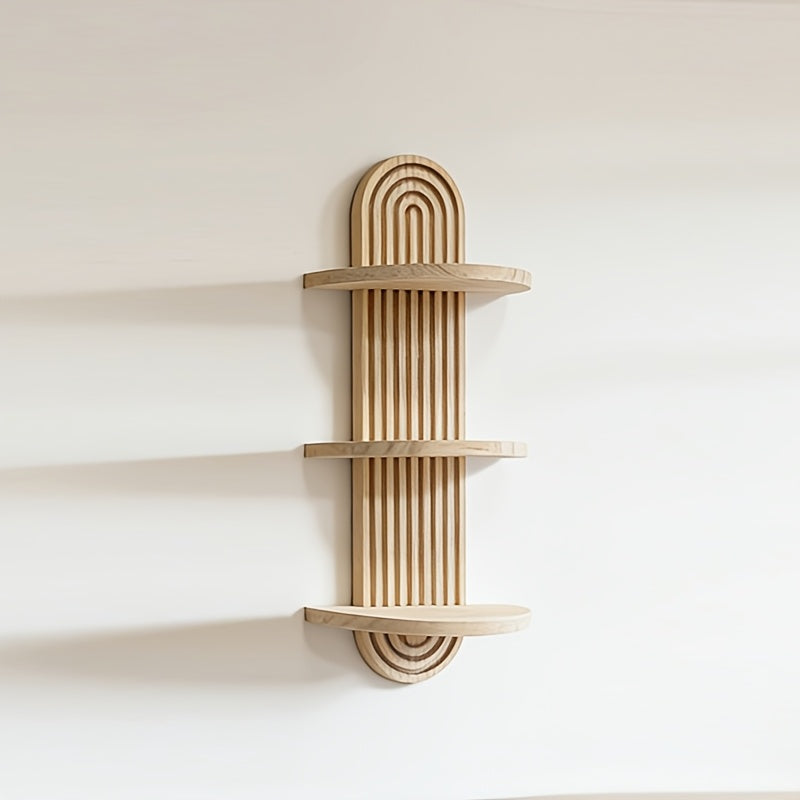 Prateleira de Parede de Madeira Maciça Estilo Boêmio - Unidade de Prateleira de Madeira Multinível com Veios de Madeira, Armazenamento em Camadas Adequado para Sala de Estar, Quarto, Entrada - Decoração Moderna que Economiza Espaço para Livros, Plantas, Decoração