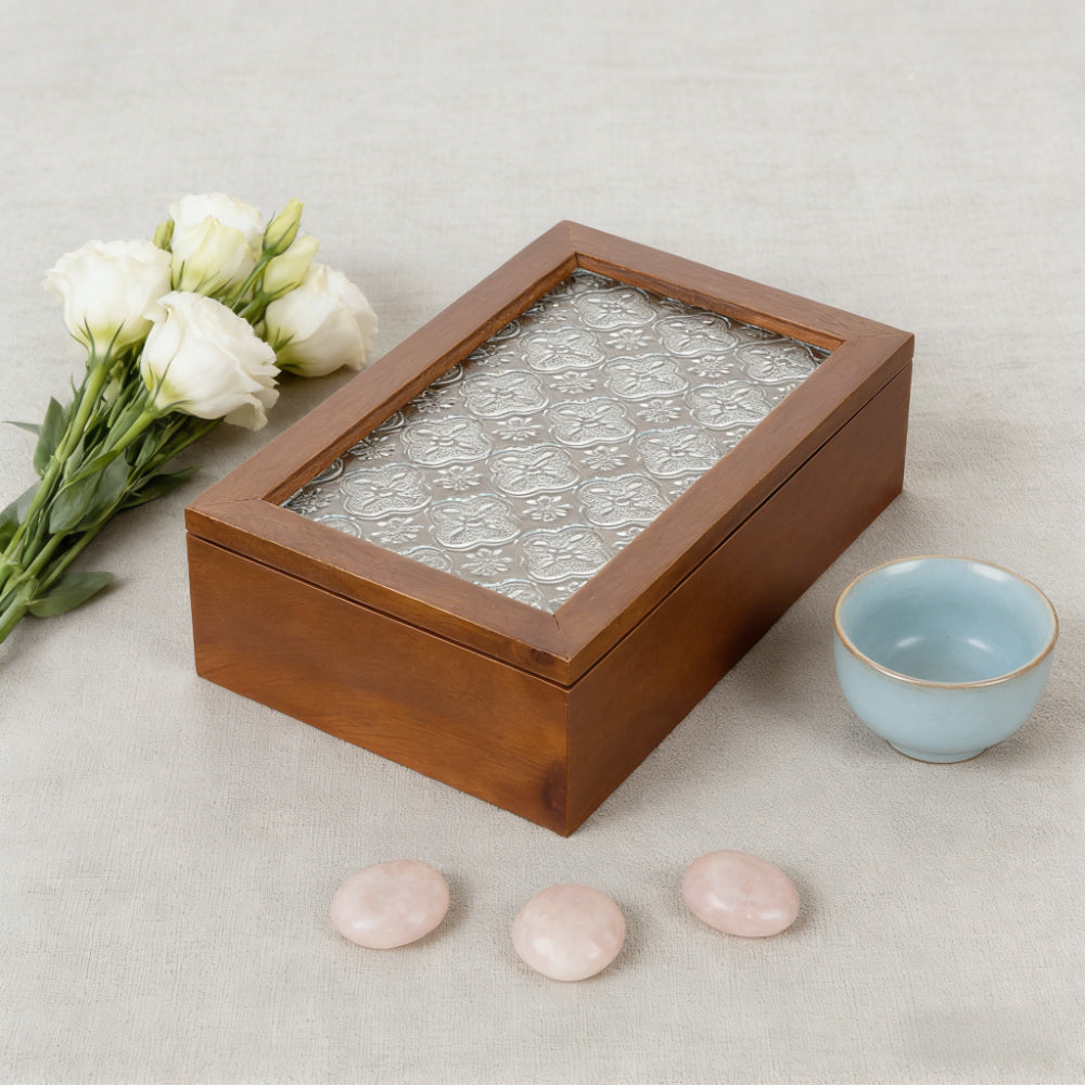 1 peça Caixa de Joias Decorativa Vintage de Madeira Maciça, Caixa de Armazenamento Multiuso para Bugigangas com Tampa de Vidro de Flor de Macieira Silvestre, Organizador de Mesa, Armário, Recipiente para Acessórios Diversos, Caixa de Exibição para Artesanato, Caixas de Presente para Dia dos Namorados e Páscoa, Decoração para Casa e Escritório