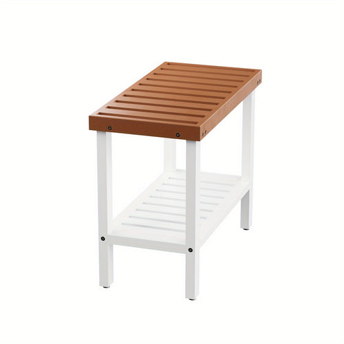 Cadeira de banho de madeira de pinho, cadeira de banho com prateleira, cadeira de banho, cadeira de banho antiderrapante, adequada para uso interior e exterior, cor marrom + branca