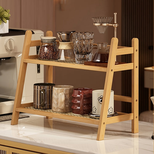 Estante Multiuso de 28cm com Dupla Camada Estilo Madeira Natural, Estável e com Boa Capacidade de Carga, Prateleiras de Vime Trançado Respiráveis, Design Aberto Trapezoidal que Economiza Espaço, Estante de Armazenamento e Decoração para Vários Cenários para Temperos de Cozinha/Xícaras e Pratos de