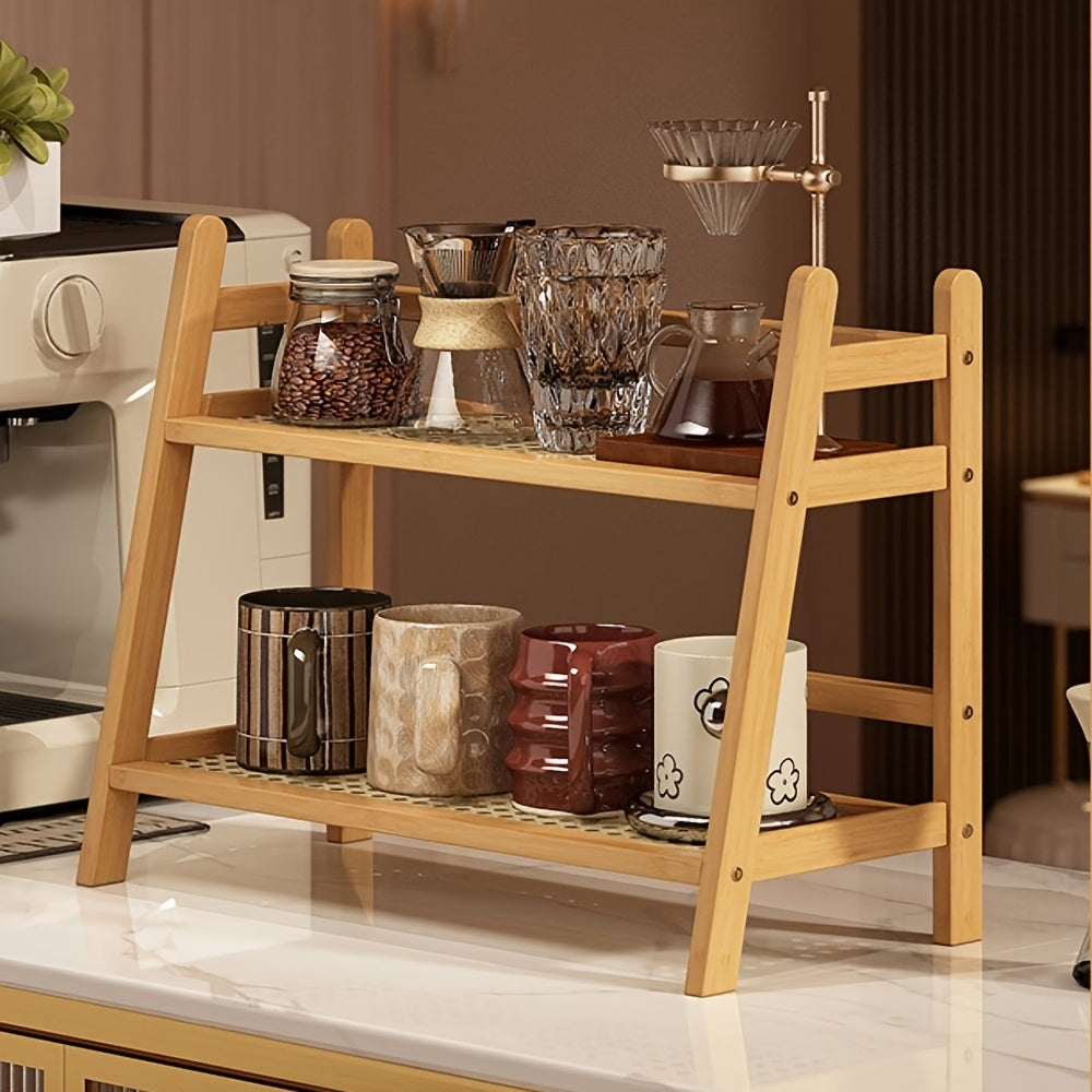 Estante Multiuso de 28cm com Dupla Camada Estilo Madeira Natural, Estável e com Boa Capacidade de Carga, Prateleiras de Vime Trançado Respiráveis, Design Aberto Trapezoidal que Economiza Espaço, Estante de Armazenamento e Decoração para Vários Cenários para Temperos de Cozinha/Xícaras e Pratos de