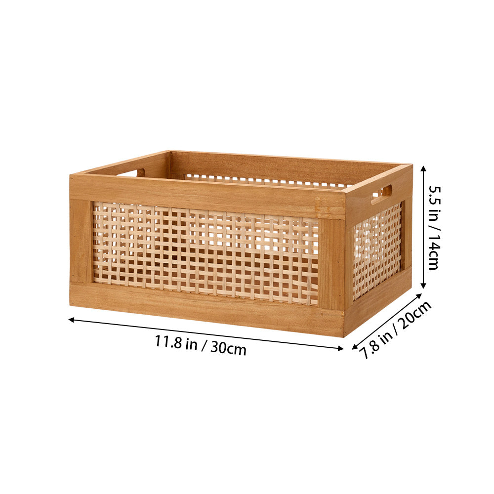 Cesto de Armazenamento de Madeira Vintage Multiuso para Mesa - Organizador de Prateleira para Mesa, Cesto Decorativo de Rattan Artesanal com Estrutura de Madeira para Material de Escritório, Cosméticos e Armazenamento de Quarto e Banheiro (Grande/Pequeno)