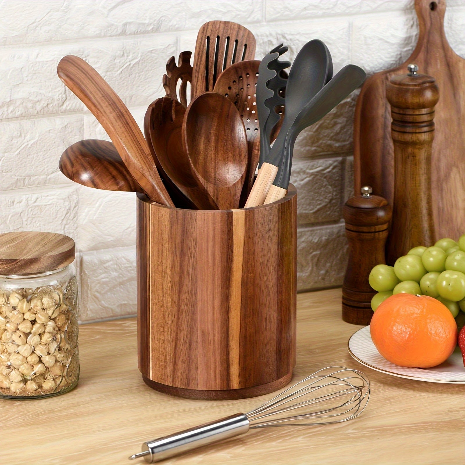 Suporte Grande de Madeira para Utensílios de Cozinha de 19.3cm - Caixa de Armazenamento Giratória 360° para Bancada para Colheres, Batedeiras, Espátulas, Etc. - Presente Ideal para o Natal, Decoração de Casa de Campo, Essenciais de Cozinha | Prateleira Decorativa de Estilo Rústico | Suporte de
