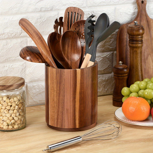 Suporte Grande de Madeira para Utensílios de Cozinha de 19.3cm - Caixa de Armazenamento Giratória 360° para Bancada para Colheres, Batedeiras, Espátulas, Etc. - Presente Ideal para o Natal, Decoração de Casa de Campo, Essenciais de Cozinha | Prateleira Decorativa de Estilo Rústico | Suporte de