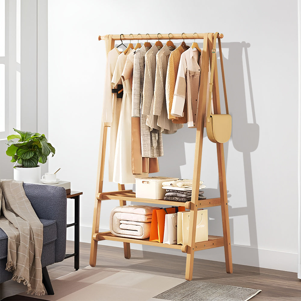 Barra de Roupa de Madeira, Cabide de Bambu com Prateleiras para Sapatos, 86x40x160cm Cabide para Casacos e Vestuário, Armários Abertos Simples com Barra Única para Quarto, Barra de Roupa Independente, Organizador de Armazenamento de Roupa
