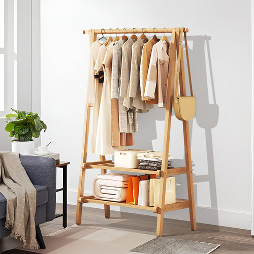 Barra de Roupa de Madeira, Cabide de Bambu com Prateleiras para Sapatos, 86x40x160cm Cabide para Casacos e Vestuário, Armários Abertos Simples com Barra Única para Quarto, Barra de Roupa Independente, Organizador de Armazenamento de Roupa