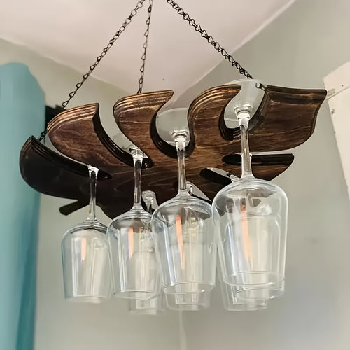 Suporte de Parede para Taças de Vinho em Formato de Folha de Ginkgo - Design Elegante e Economizador de Espaço com Corrente de Metal, Segura 6 Taças, Estilo Rústico Moderno para Decoração de Cozinha e Sala de Jantar, Armazenamento para Bar em Casa, Padrão de Folha de Ginkgo, Construção em Madeira e