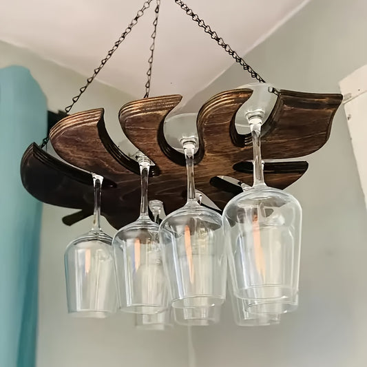 Suporte de Parede para Taças de Vinho em Formato de Folha de Ginkgo - Design Elegante e Economizador de Espaço com Corrente de Metal, Segura 6 Taças, Estilo Rústico Moderno para Decoração de Cozinha e Sala de Jantar, Armazenamento para Bar em Casa, Padrão de Folha de Ginkgo, Construção em Madeira e