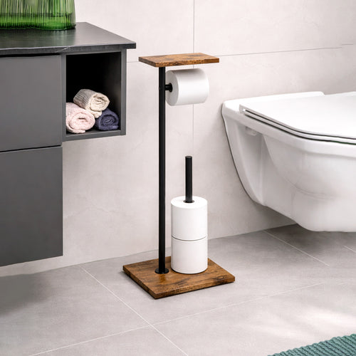 Porta Lenços em Aço Inoxidável com Bandeja de Madeira | Acabamento Escovado, Formato Quadrado, Independente para Casa de Banho