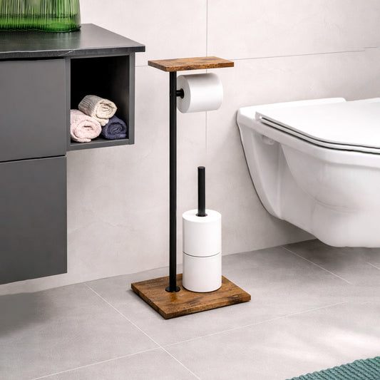 Porta Lenços em Aço Inoxidável com Bandeja de Madeira | Acabamento Escovado, Formato Quadrado, Independente para Casa de Banho