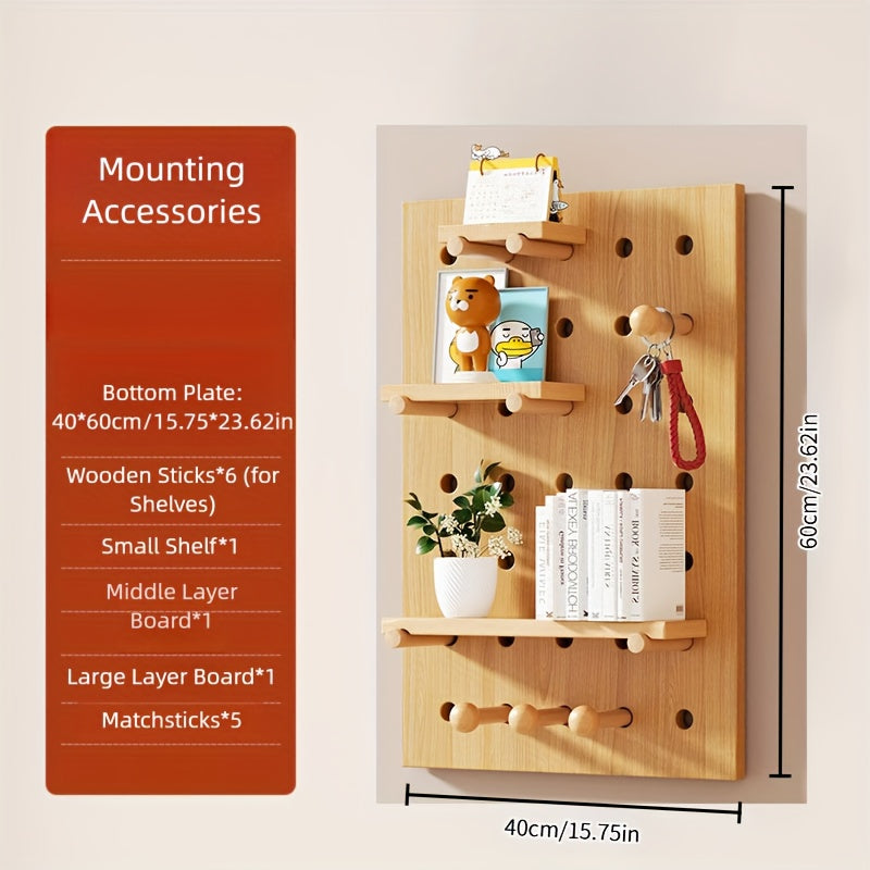 Kit de Organização de Parede com Painel de Ganchos em Madeira Engenhada Multifuncional | Painel de Armazenamento Versátil Montado na Parede com Ganchos e Acessórios, Solução Criativa de Poupança de Espaço para Casa, Escritório e Organização de Cozinha, Acabamento em Madeira Polida, Prateleiras Utilitárias