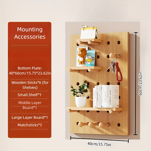 Kit de Organização de Parede com Painel de Ganchos em Madeira Engenhada Multifuncional | Painel de Armazenamento Versátil Montado na Parede com Ganchos e Acessórios, Solução Criativa de Poupança de Espaço para Casa, Escritório e Organização de Cozinha, Acabamento em Madeira Polida, Prateleiras Utilitárias