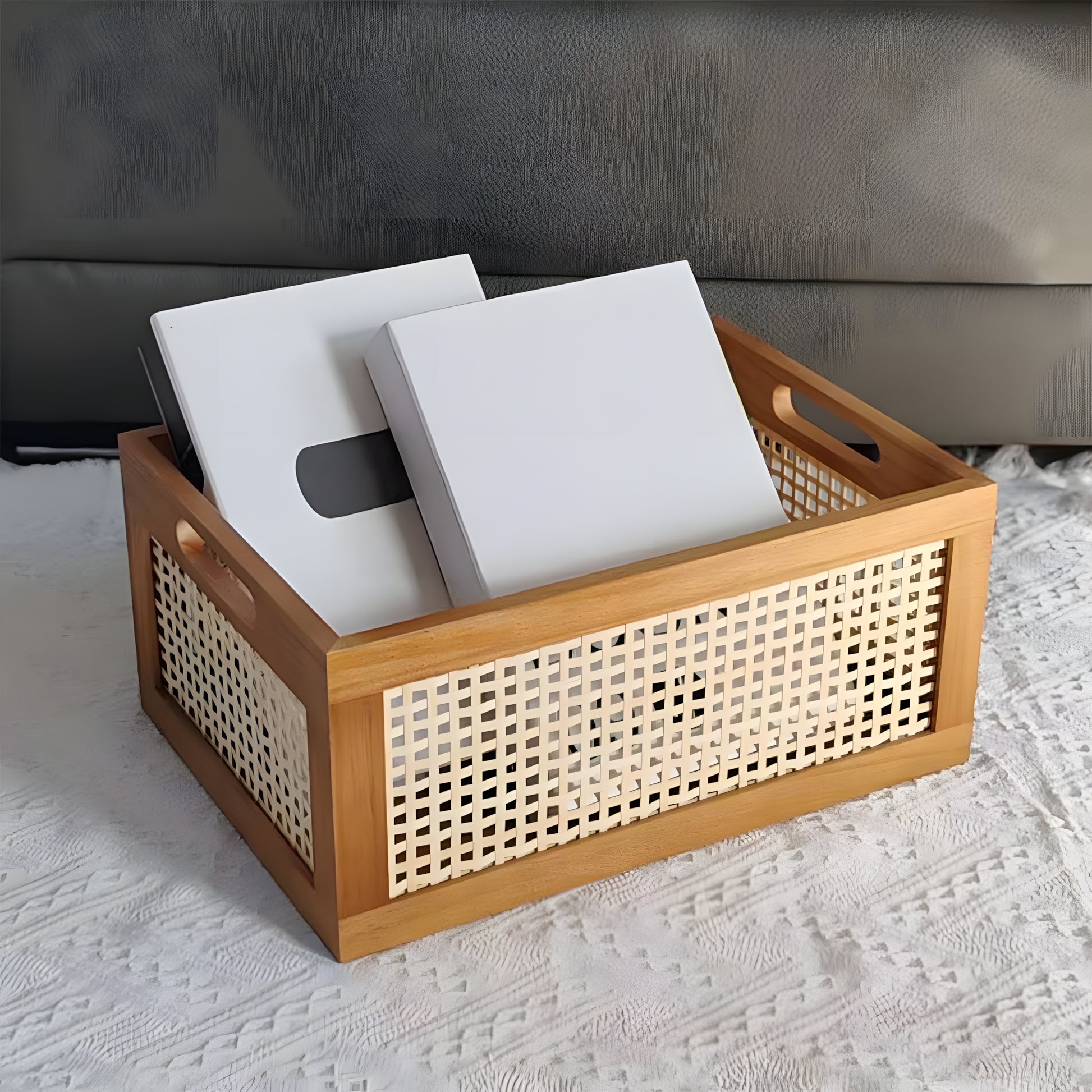 Cesto de Armazenamento de Madeira Vintage Multiuso para Mesa - Organizador de Prateleira para Mesa, Cesto Decorativo de Rattan Artesanal com Estrutura de Madeira para Material de Escritório, Cosméticos e Armazenamento de Quarto e Banheiro (Grande/Pequeno)