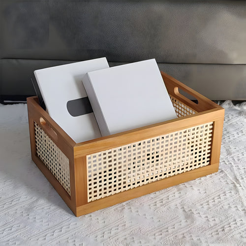 Cesto de Armazenamento de Madeira Vintage Multiuso para Mesa - Organizador de Prateleira para Mesa, Cesto Decorativo de Rattan Artesanal com Estrutura de Madeira para Material de Escritório, Cosméticos e Armazenamento de Quarto e Banheiro (Grande/Pequeno)