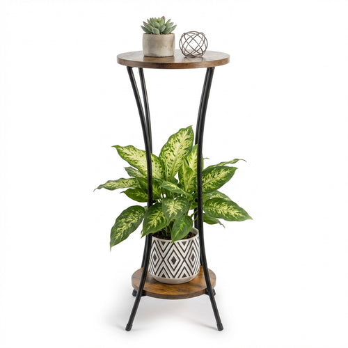 Suporte de Planta de Madeira Redondo Alto de 2 Níveis para Interior, 1 Peça, Altura de 76CM, Mesa Lateral com Estrutura de Metal Dourado, Prateleira Redonda Moderna para Vasos de Flores para Sala de Estar, Pátio, Varanda, Jardim, Marrom Rústico