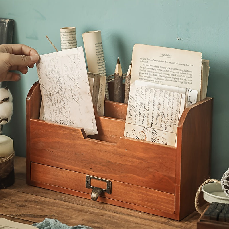 Organizador de Gavetas de Secretária em Madeira Vintage para Material de Escritório, Armazenamento de Arquivos e Uso Doméstico, Adequado para Livros, Jornais e Papelaria. Serve como uma Decoração de Quarto Atraente, Melhorando a Decoração da Casa, Adições de Cozinha, Decoração de Casa de Banho