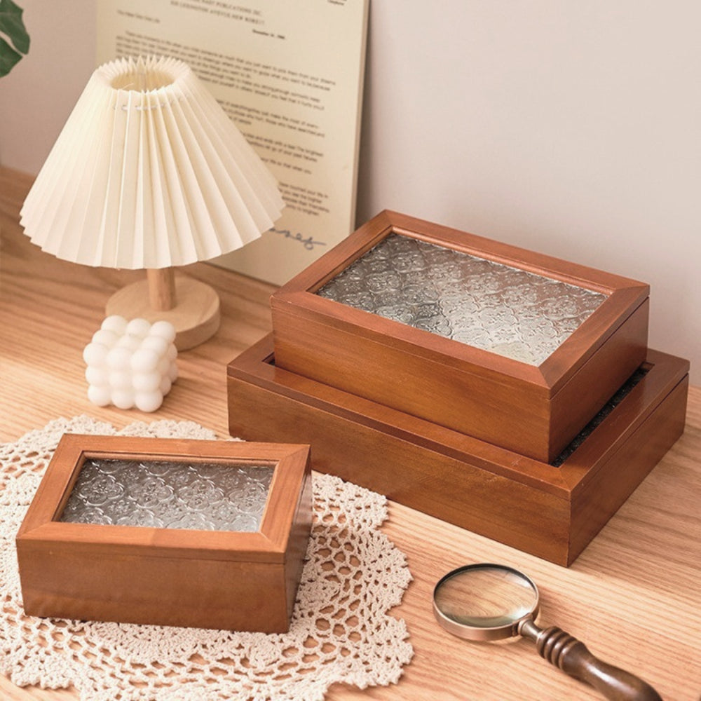 1 peça Caixa de Joias Decorativa Vintage de Madeira Maciça, Caixa de Armazenamento Multiuso para Bugigangas com Tampa de Vidro de Flor de Macieira Silvestre, Organizador de Mesa, Armário, Recipiente para Acessórios Diversos, Caixa de Exibição para Artesanato, Caixas de Presente para Dia dos Namorados e Páscoa, Decoração para Casa e Escritório