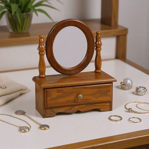 Espelho de Toucador de Madeira com Gavetas, Espelho de Maquiagem Vintage para Quarto, Caixa de Joias Multifuncional com Armazenamento, Caixa de Joias Ajustável para Mesa ou Piso, Ideal para Toucador de Quarto e Decoração de Casa