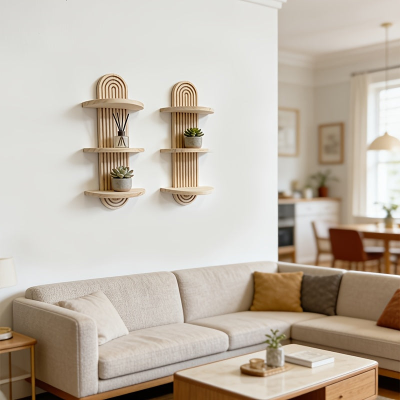 Prateleira de Parede de Madeira Maciça Estilo Boêmio - Unidade de Prateleira de Madeira Multinível com Veios de Madeira, Armazenamento em Camadas Adequado para Sala de Estar, Quarto, Entrada - Decoração Moderna que Economiza Espaço para Livros, Plantas, Decoração
