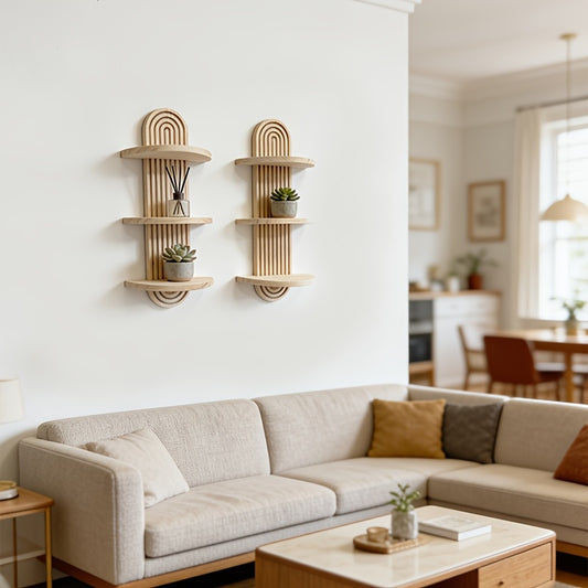 Prateleira de Parede de Madeira Maciça Estilo Boêmio - Unidade de Prateleira de Madeira Multinível com Veios de Madeira, Armazenamento em Camadas Adequado para Sala de Estar, Quarto, Entrada - Decoração Moderna que Economiza Espaço para Livros, Plantas, Decoração