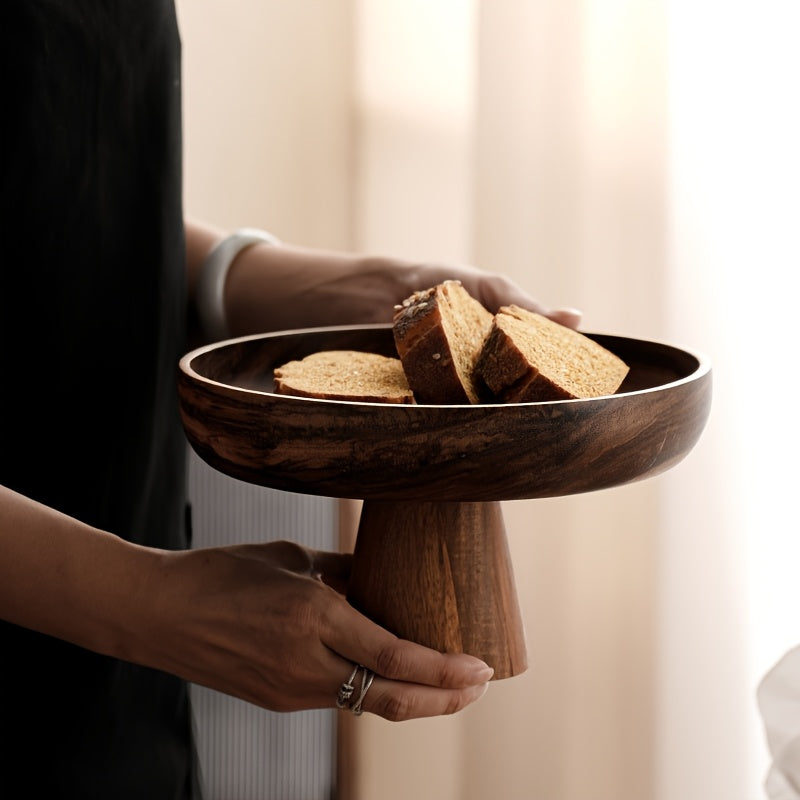 1 unidade de tigela alta de madeira de noz feita à mão, padrão listrado redondo, multifuncional para salada, fruta, pão, sobremesa, armazenamento de joias, decoração nova para casa e restaurante