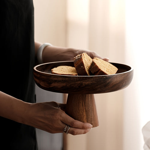 1 unidade de tigela alta de madeira de noz feita à mão, padrão listrado redondo, multifuncional para salada, fruta, pão, sobremesa, armazenamento de joias, decoração nova para casa e restaurante
