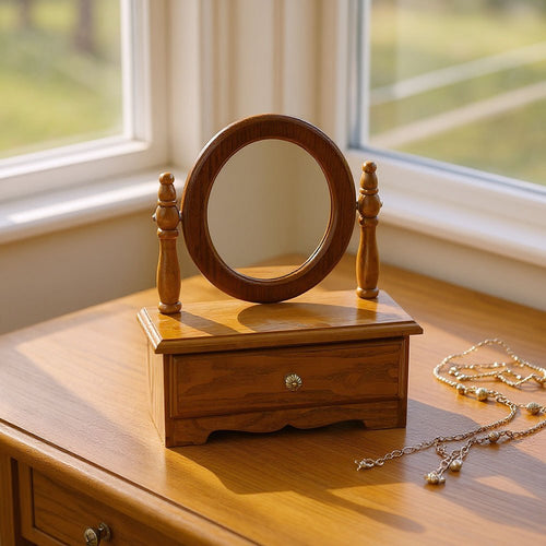 Espelho de Toucador de Madeira com Gavetas, Espelho de Maquiagem Vintage para Quarto, Caixa de Joias Multifuncional com Armazenamento, Caixa de Joias Ajustável para Mesa ou Piso, Ideal para Toucador de Quarto e Decoração de Casa