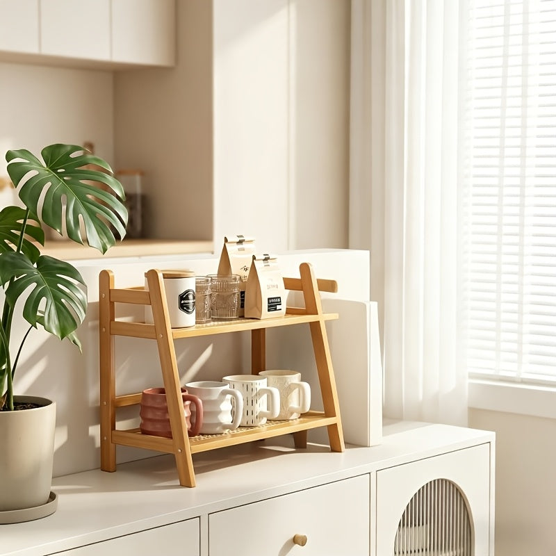 Estante Multiuso de 28cm com Dupla Camada Estilo Madeira Natural, Estável e com Boa Capacidade de Carga, Prateleiras de Vime Trançado Respiráveis, Design Aberto Trapezoidal que Economiza Espaço, Estante de Armazenamento e Decoração para Vários Cenários para Temperos de Cozinha/Xícaras e Pratos de